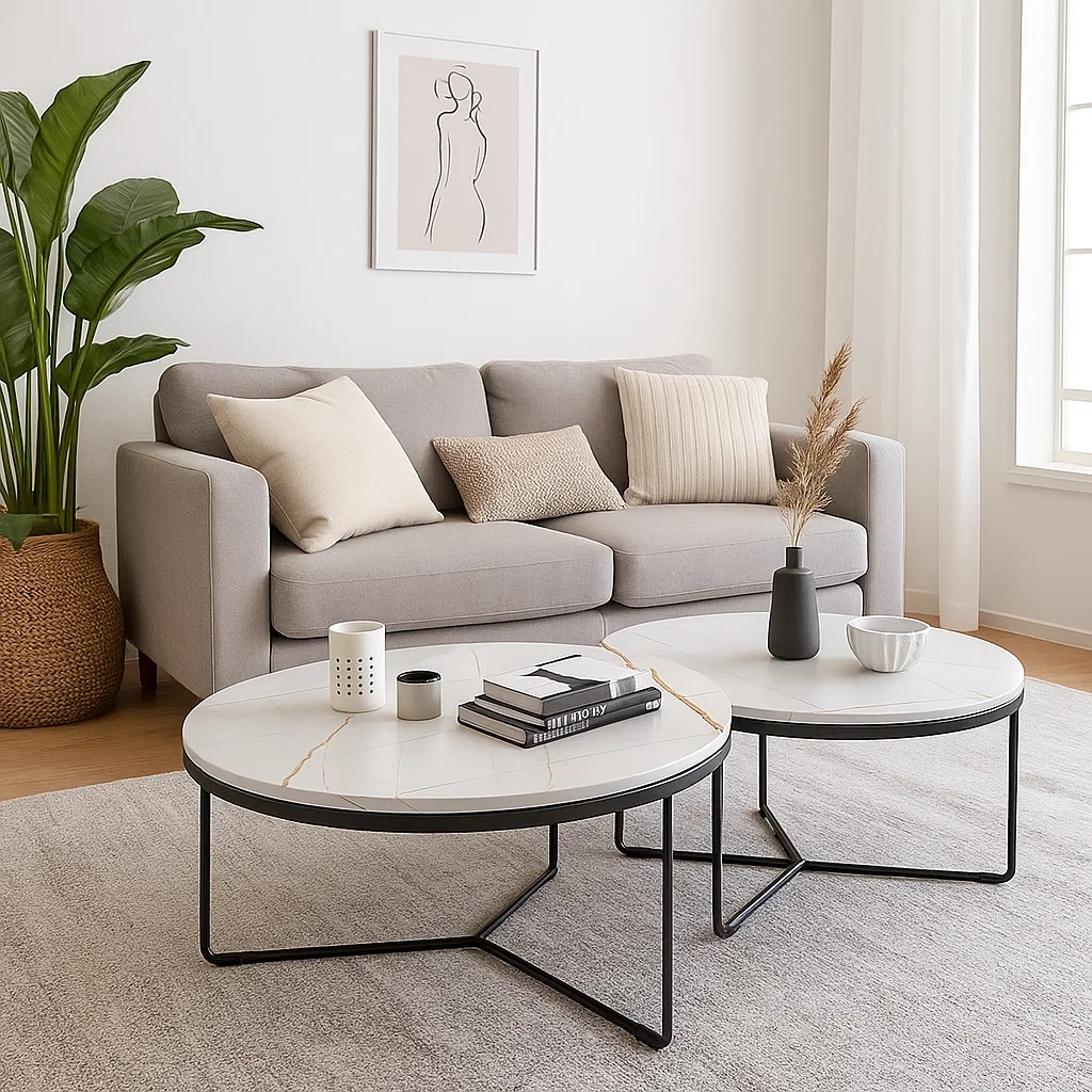 Ensemble de tables basses rondes modernes avec plateau effet marbre