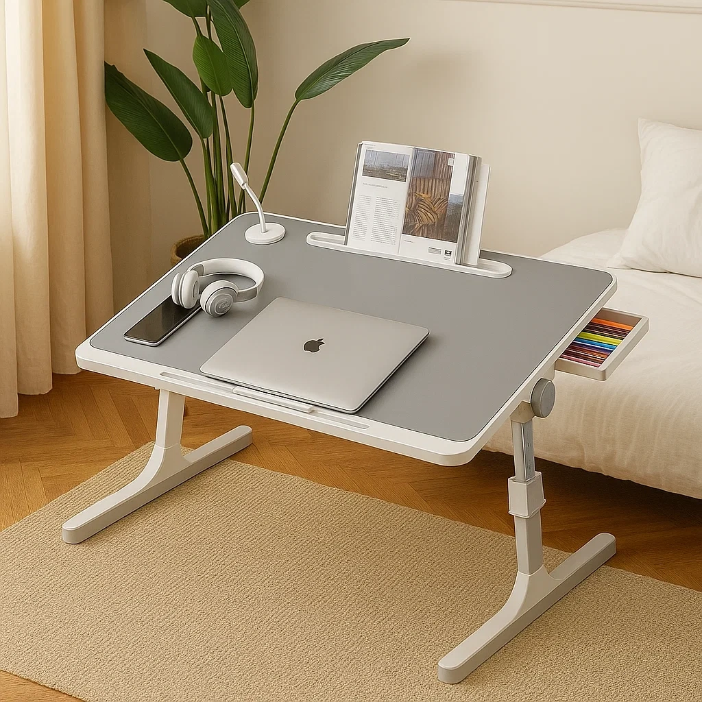 Bureau réglable multifonction avec lampe LED et tiroir latéral