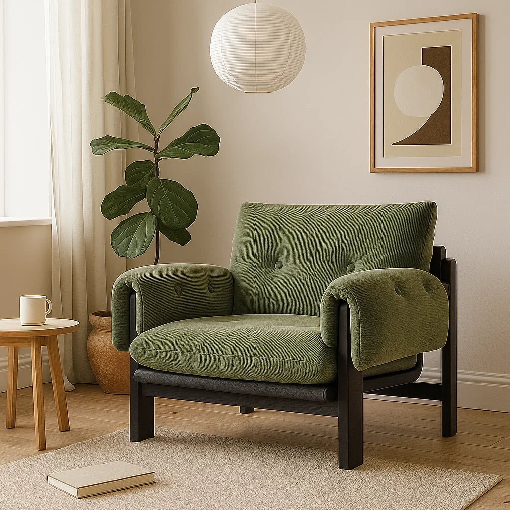 Fauteuil moderne avec structure en bois et coussins rembourrés