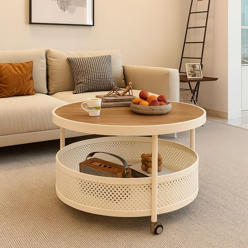 Table basse ronde design avec rangement et roulettes