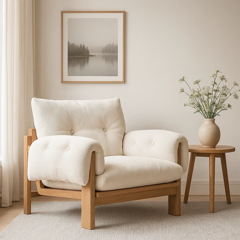 Fauteuil moderne avec structure en bois et coussins rembourrés