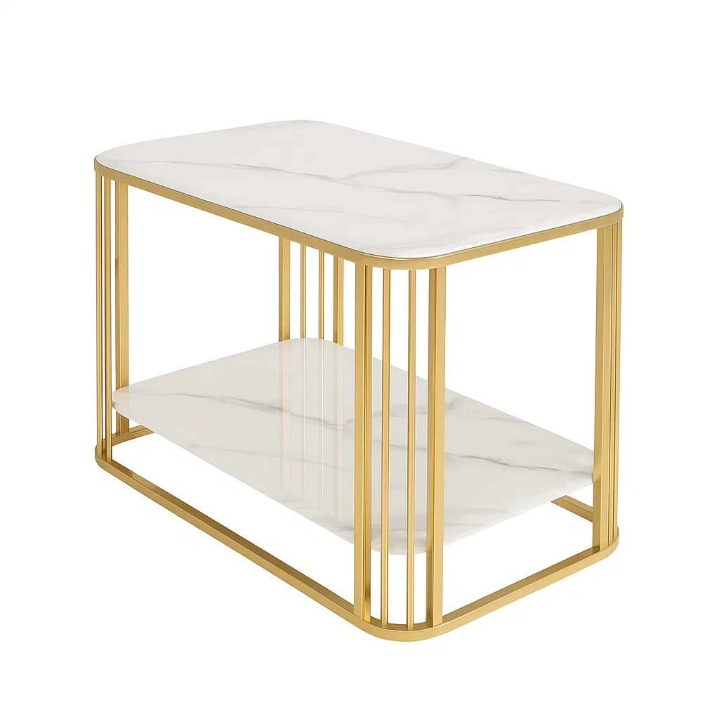 Table d’appoint rectangulaire en marbre avec structure métallique dorée