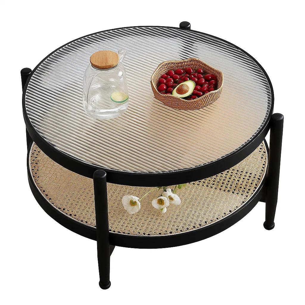 Table basse ronde avec plateau en verre et étagère en rotin