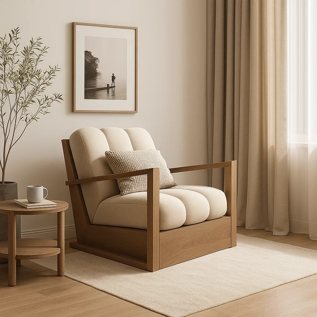 Fauteuil moderne avec structure en bois et assise rembourrée