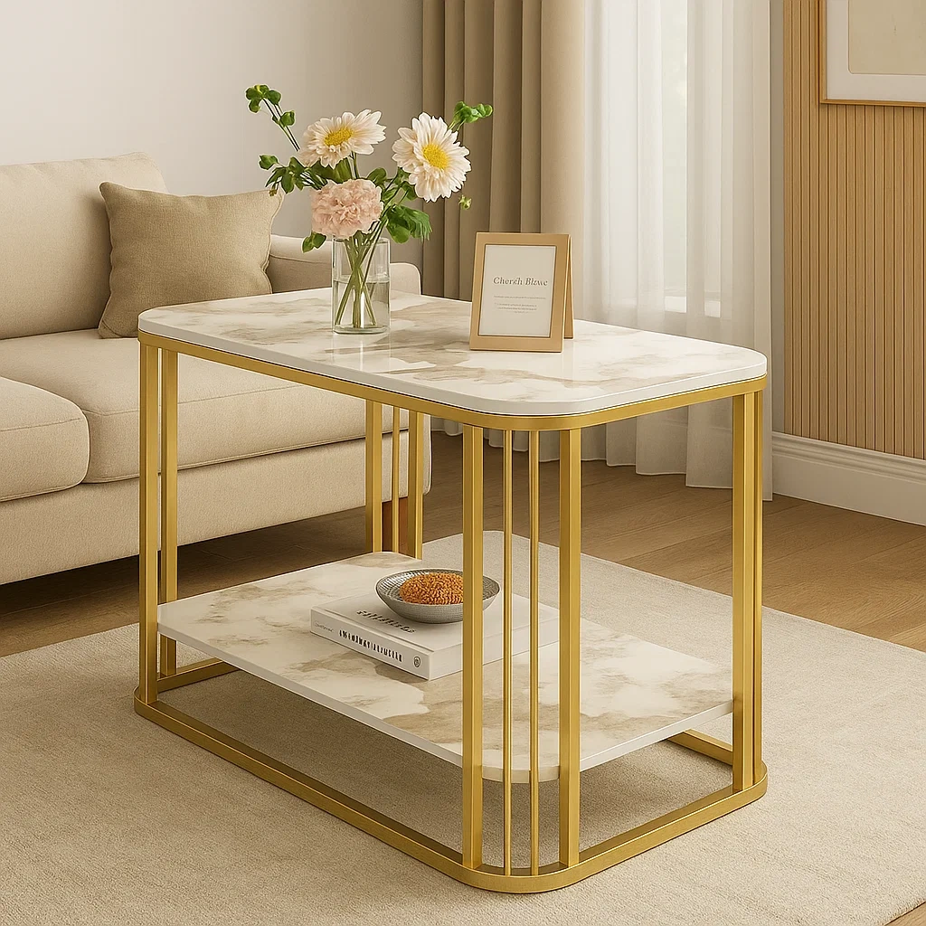 Table d’appoint rectangulaire en marbre avec structure métallique dorée
