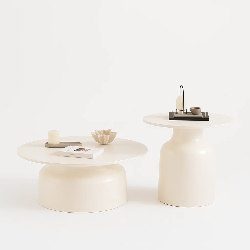 Table basse ronde design en bois et base sculpturale