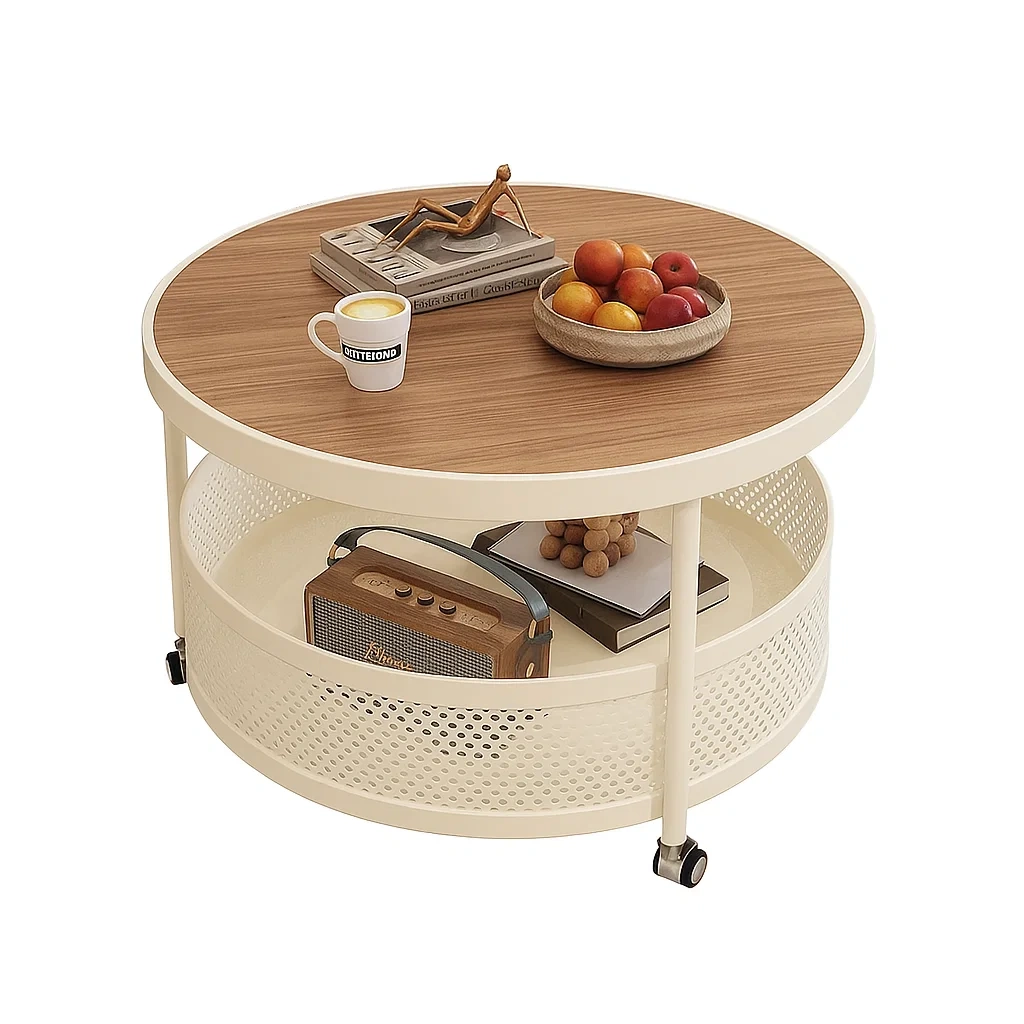 Table basse ronde design avec rangement et roulettes