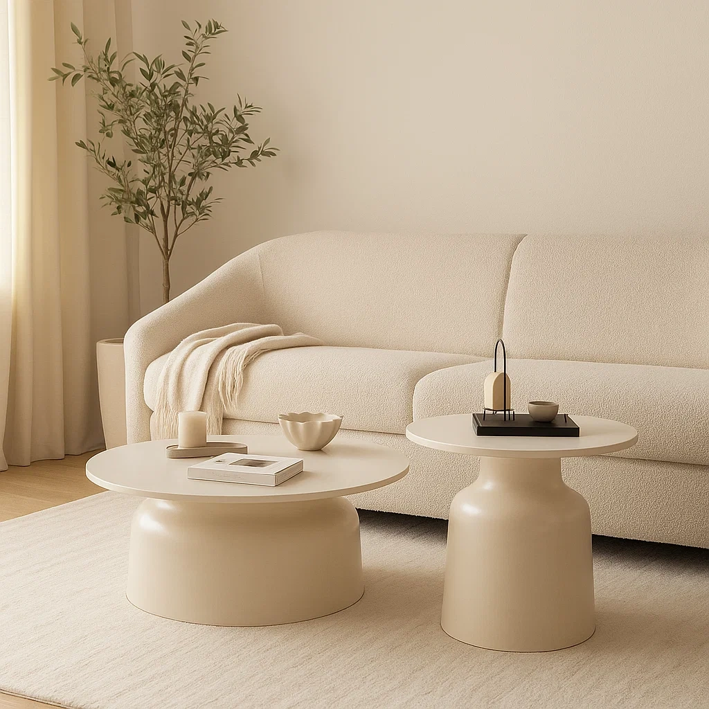 Table basse ronde design en bois et base sculpturale