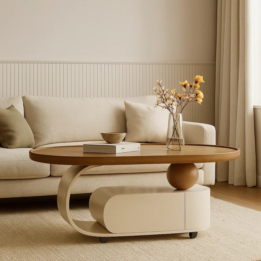 Table basse ovale design moderne avec rangement intégré