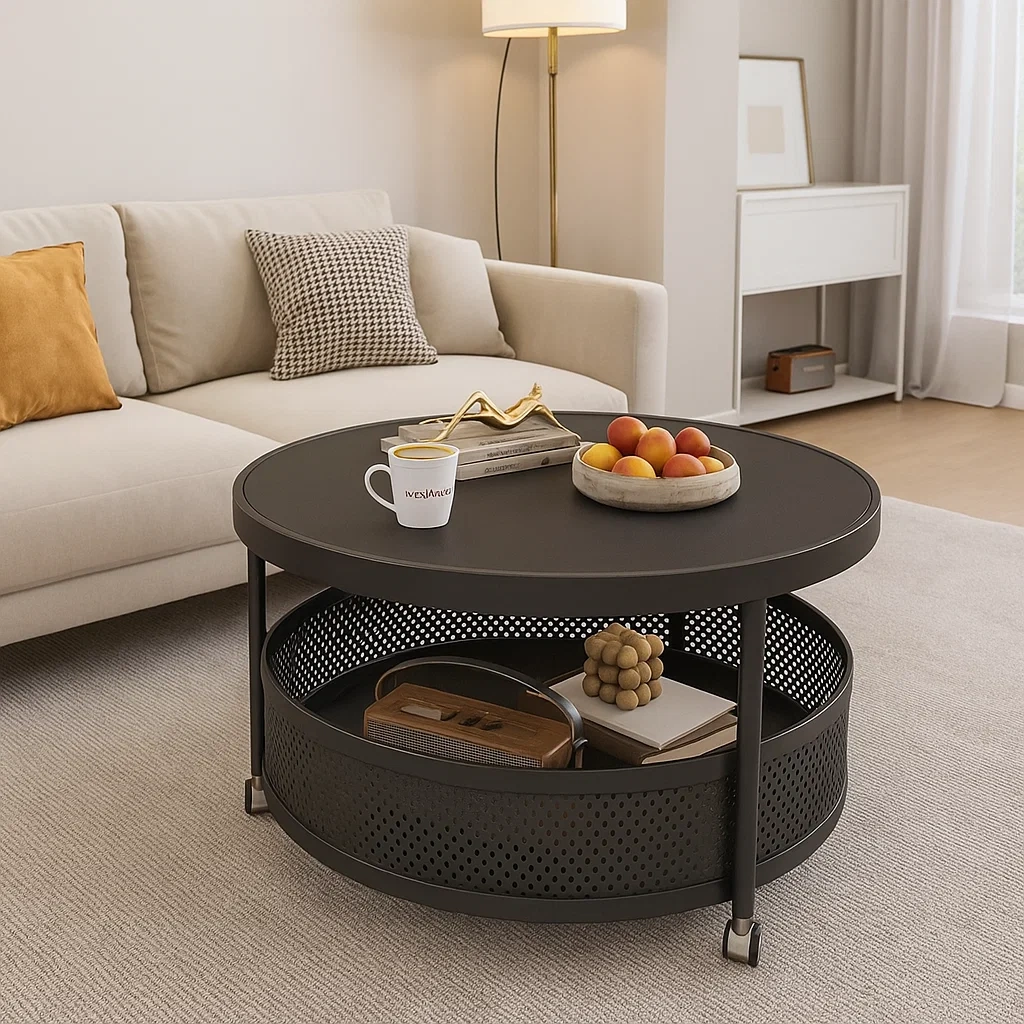 Table basse ronde design avec rangement et roulettes