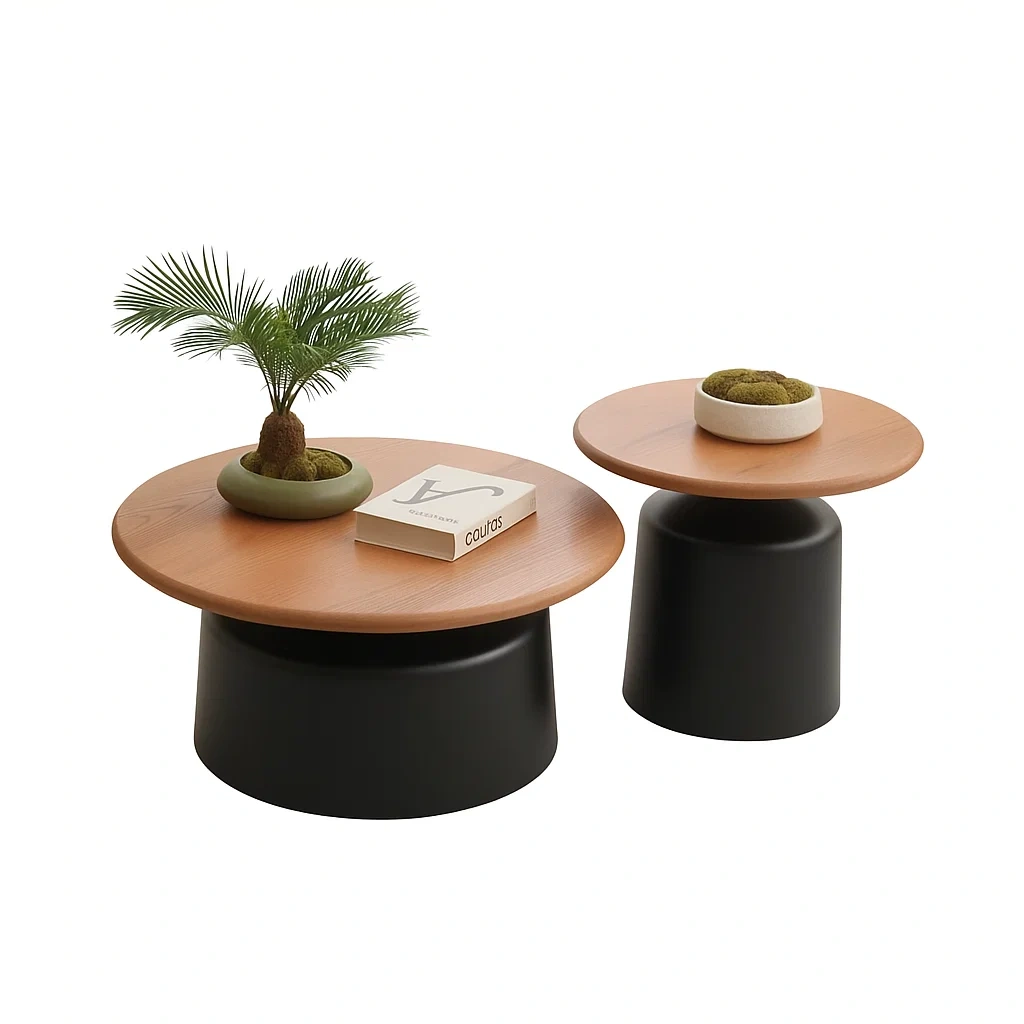 Table basse ronde design en bois et base sculpturale