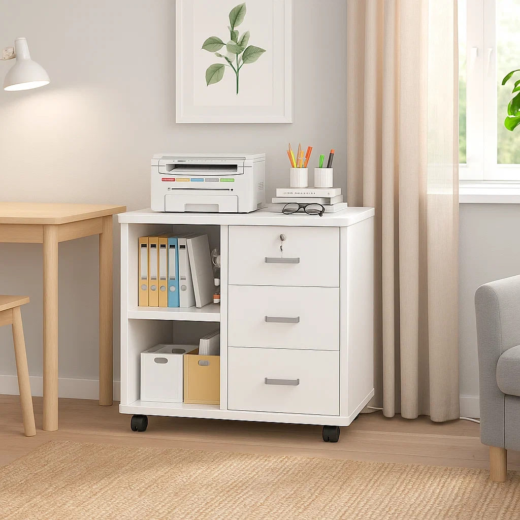 Caisson de bureau mobile avec 3 tiroirs et étagères ouvertes