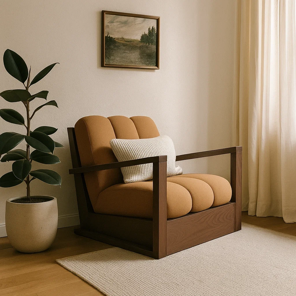 Fauteuil moderne avec structure en bois et assise rembourrée