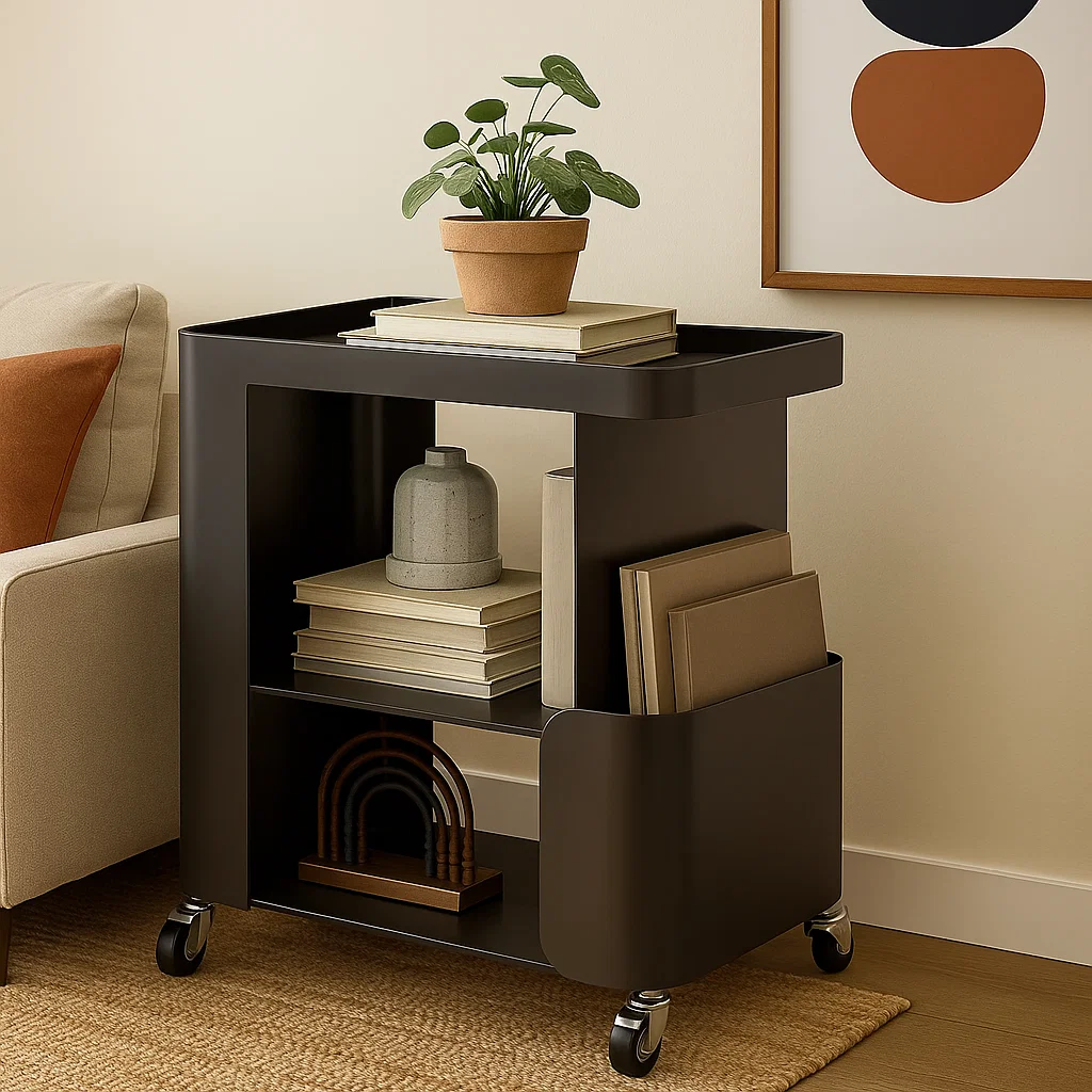 Chariot de rangement moderne en métal avec roulettes