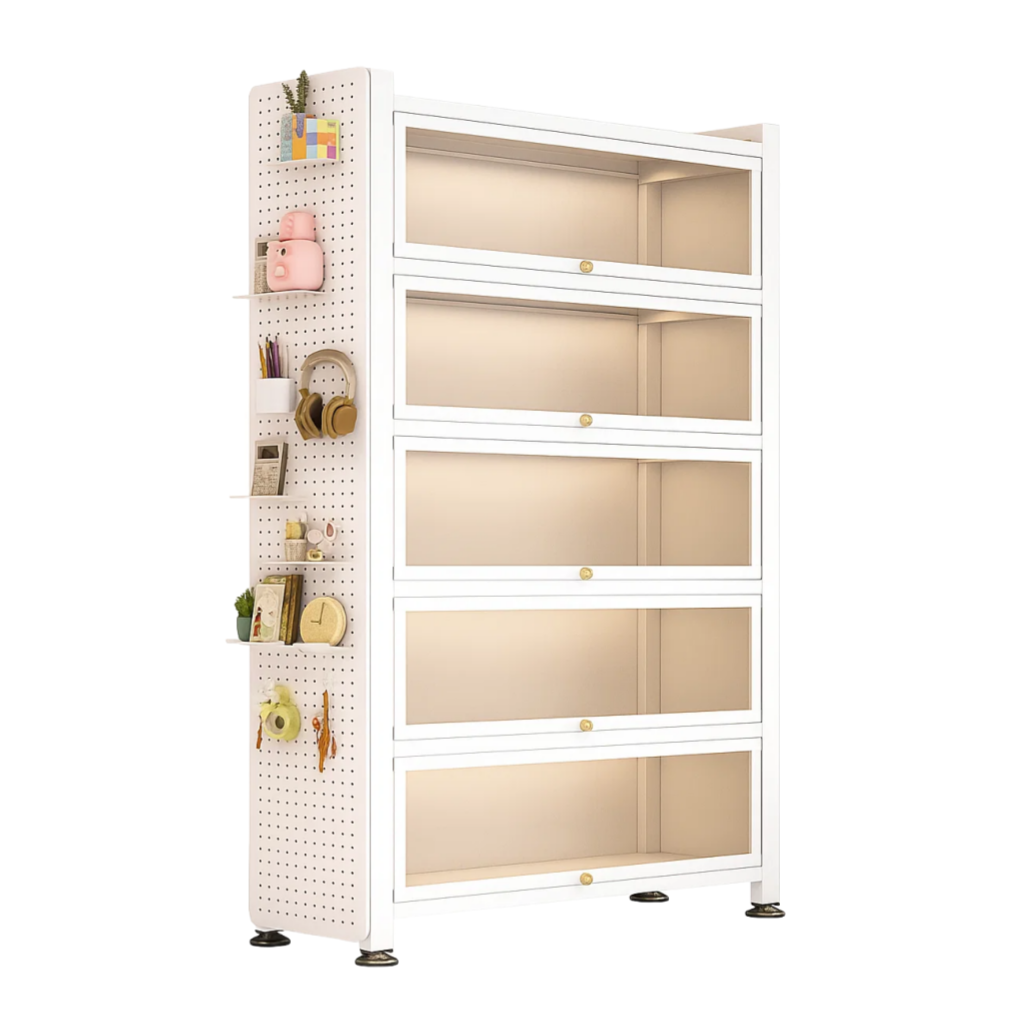 Armoire de rangement à 5 niveaux avec portes transparentes et panneau latéral multifonction