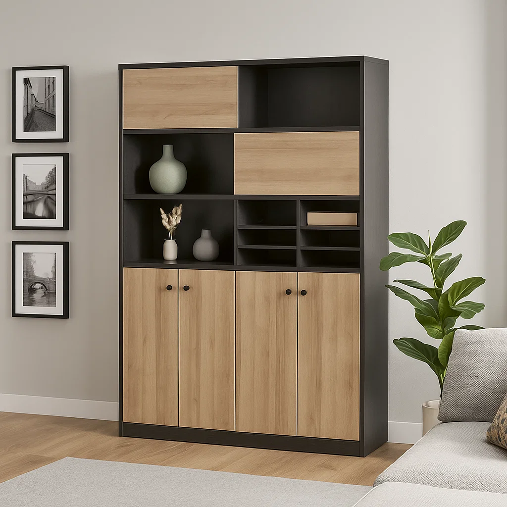 Armoire de rangement moderne avec étagères ouvertes et portes fermées
