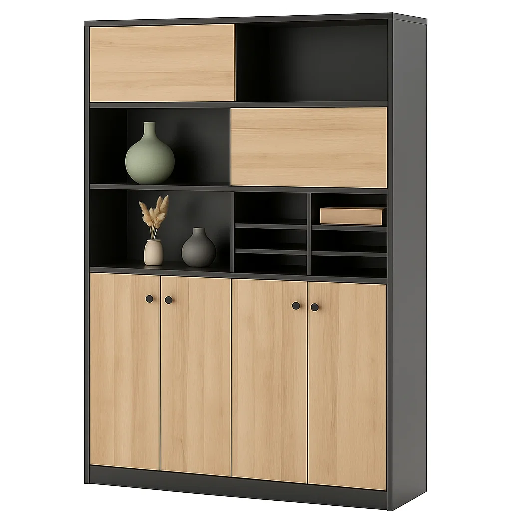 Armoire de rangement moderne avec étagères ouvertes et portes fermées