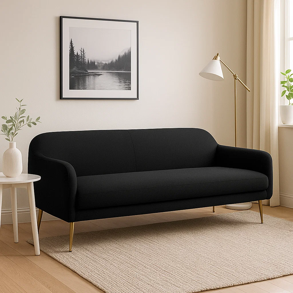 Canapé 3 places moderne avec pieds en métal doré et assise rembourrée