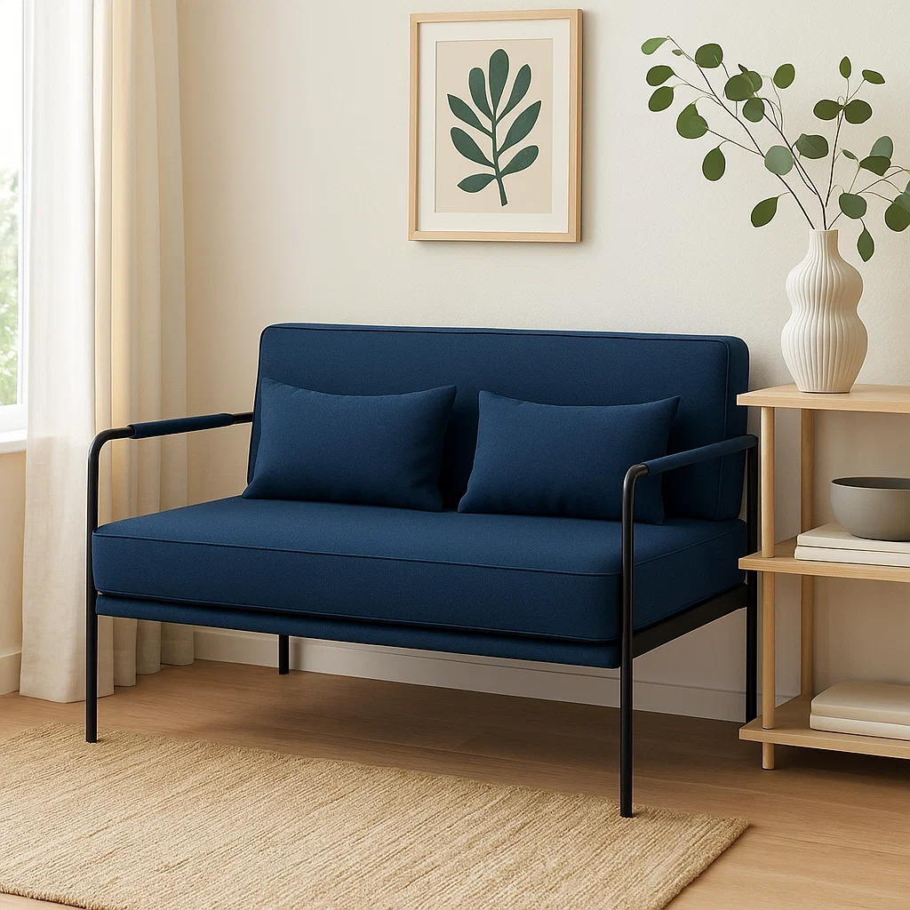 Canapé 2 places avec accoudoirs en métal et coussins inclus