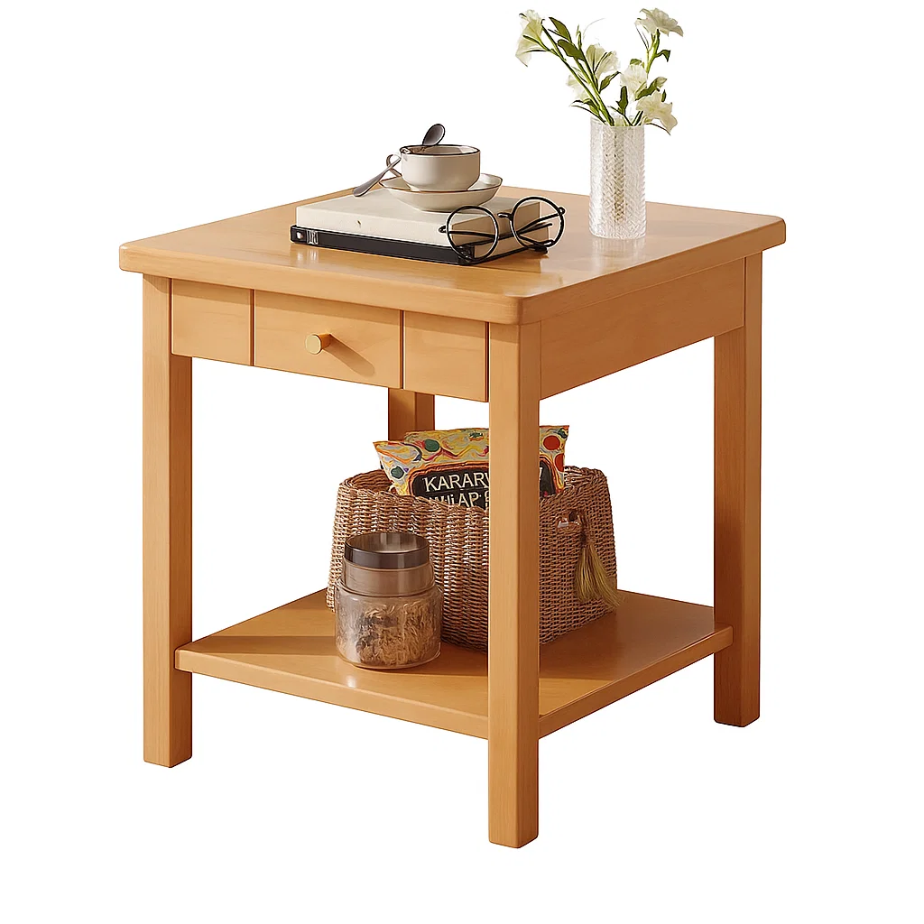 Table de chevet en bois massif avec tiroir et étagère de rangement