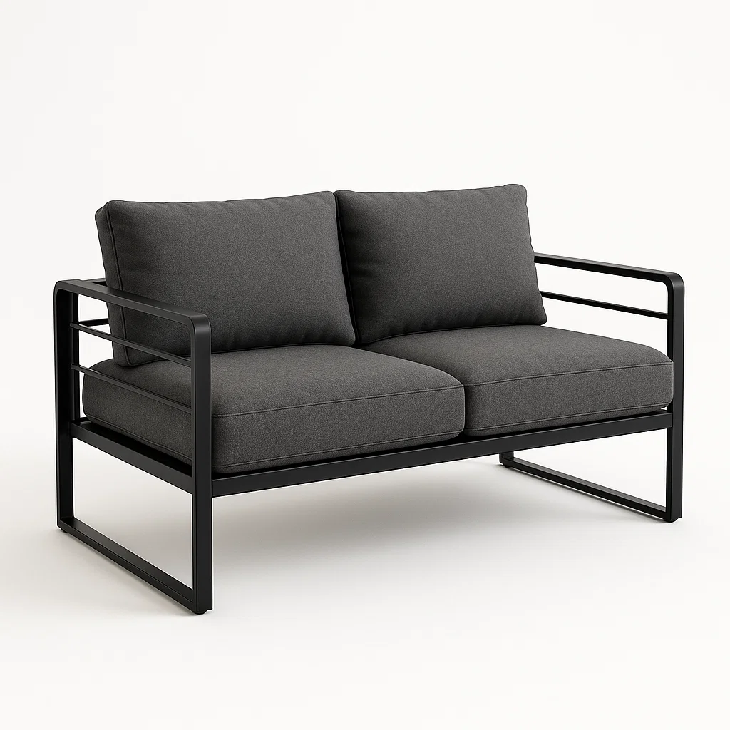 Canapé 2 places moderne avec structure en métal noir et coussins rembourrés