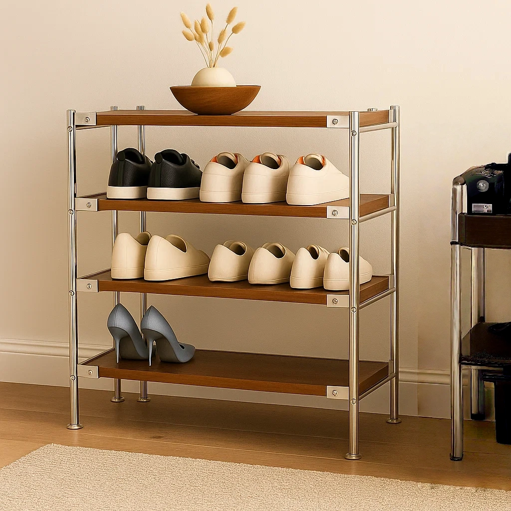 Étagère à chaussures 3 niveaux en bois et métal