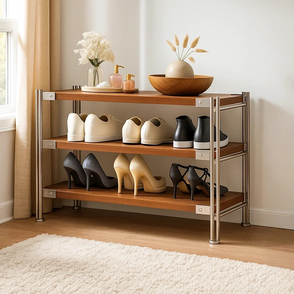 Étagère à chaussures 3 niveaux en bois et métal