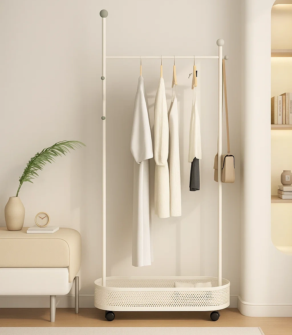 Portant à vêtements moderne avec roulettes et panier de rangement