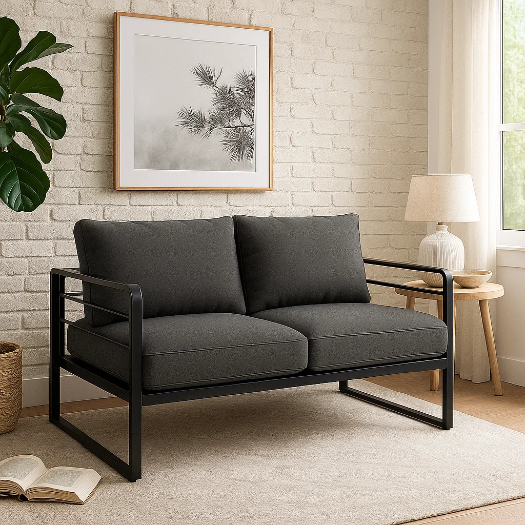 Canapé 2 places moderne avec structure en métal noir et coussins rembourrés