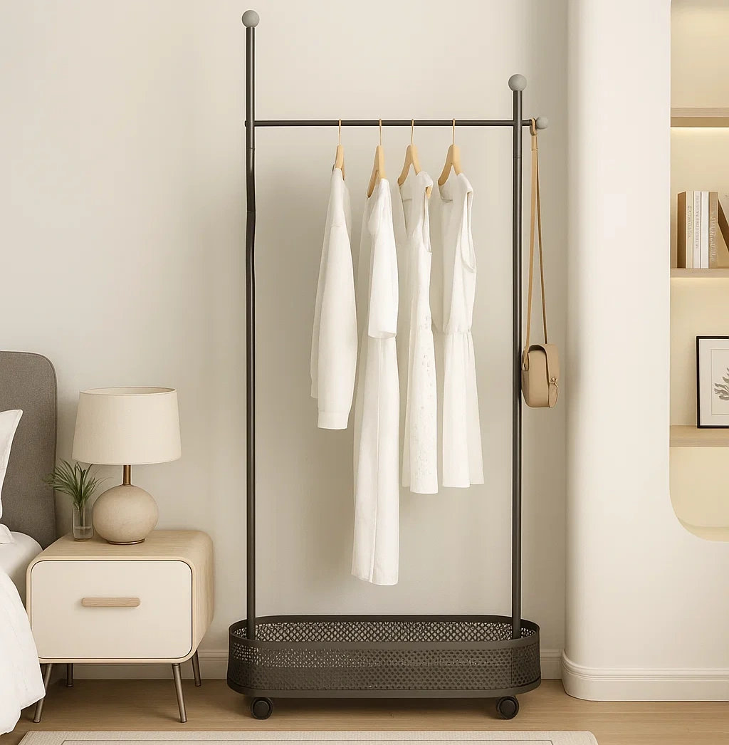 Portant à vêtements moderne avec roulettes et panier de rangement