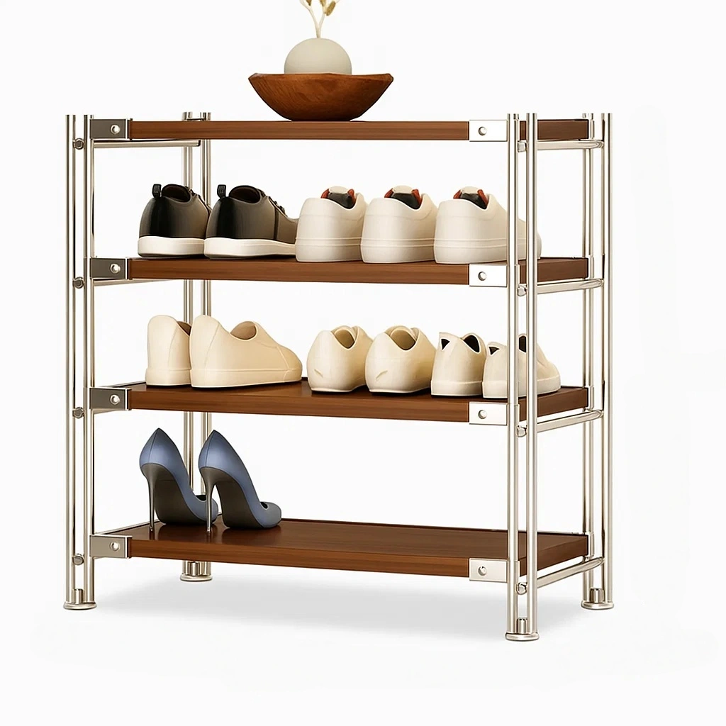 Étagère à chaussures 3 niveaux en bois et métal