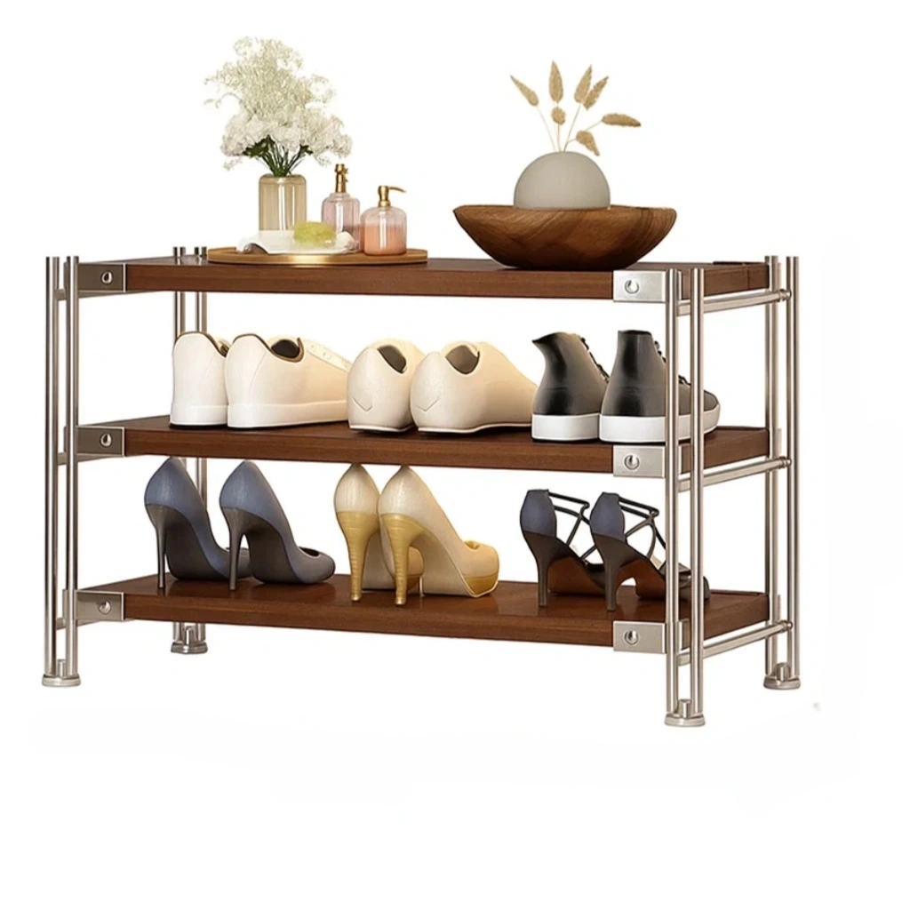 Étagère à chaussures 3 niveaux en bois et métal