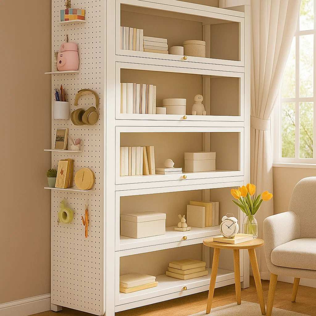 Armoire de rangement à 5 niveaux avec portes transparentes et panneau latéral multifonction