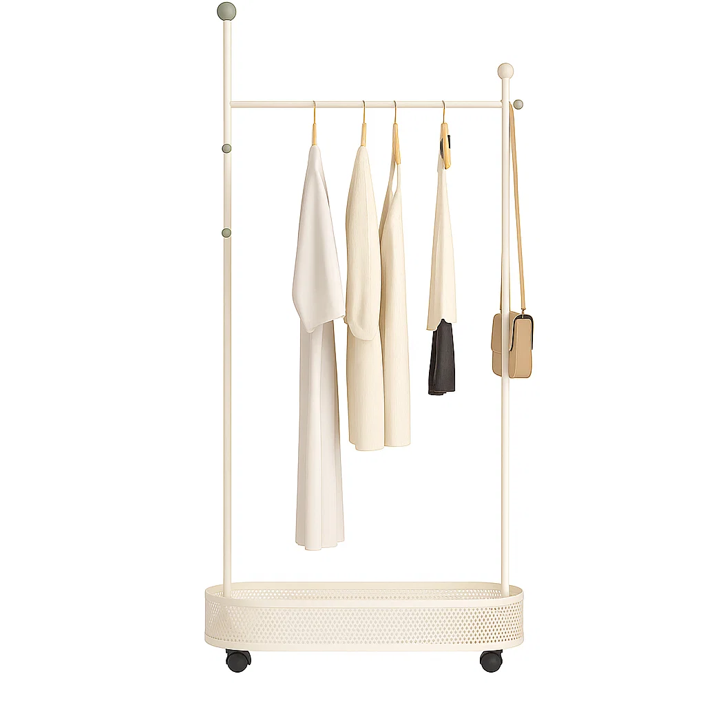 Portant à vêtements moderne avec roulettes et panier de rangement