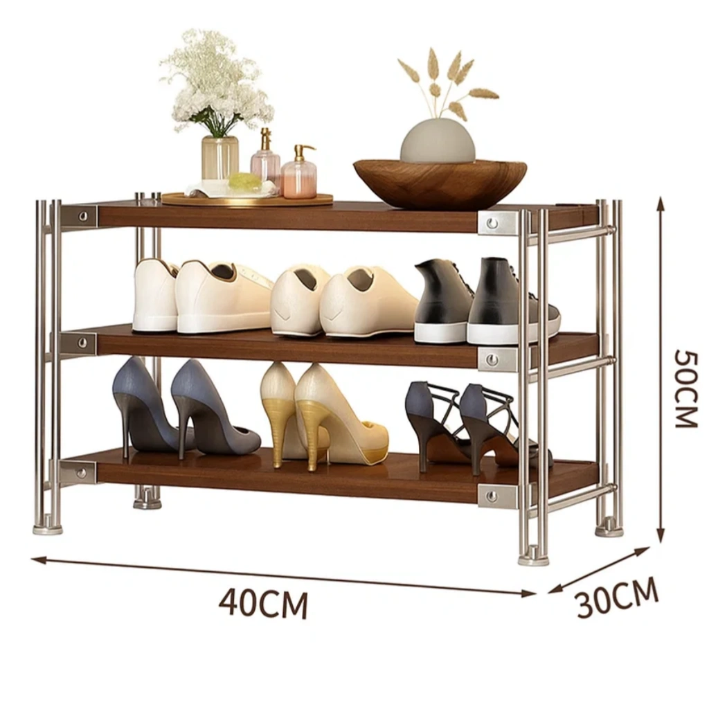 Étagère à chaussures 3 niveaux en bois et métal