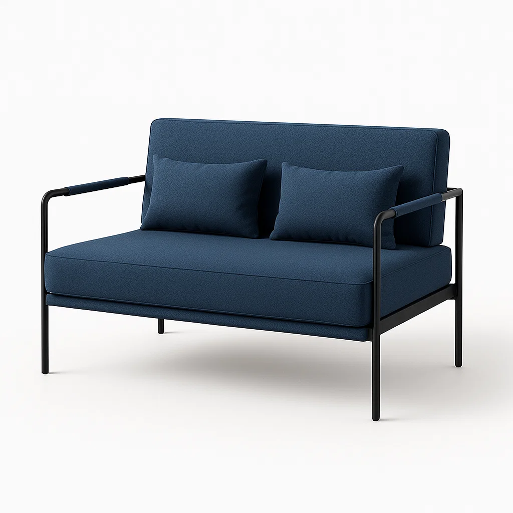 Canapé 2 places avec accoudoirs en métal et coussins inclus