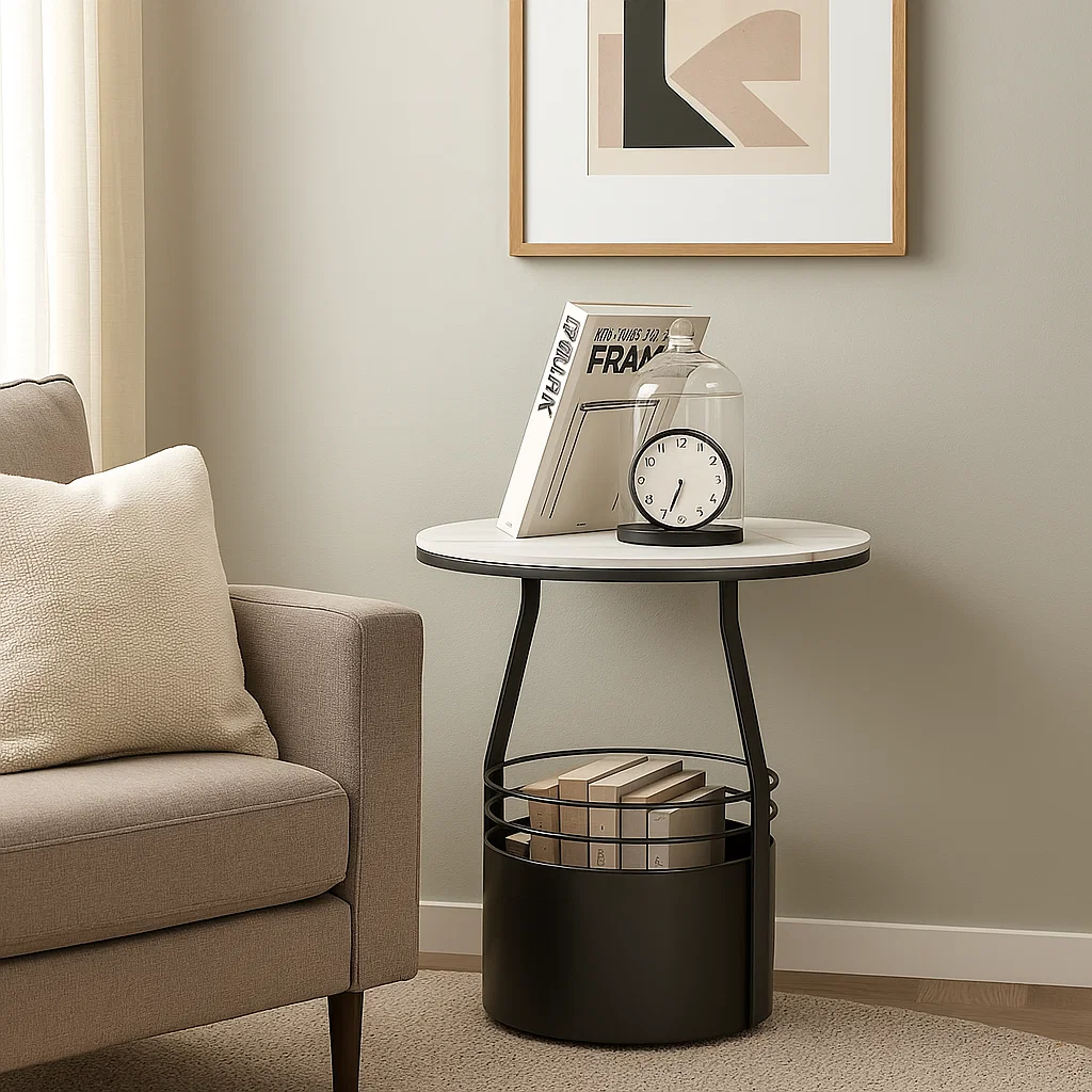 Table d’appoint ronde avec rangement intégré