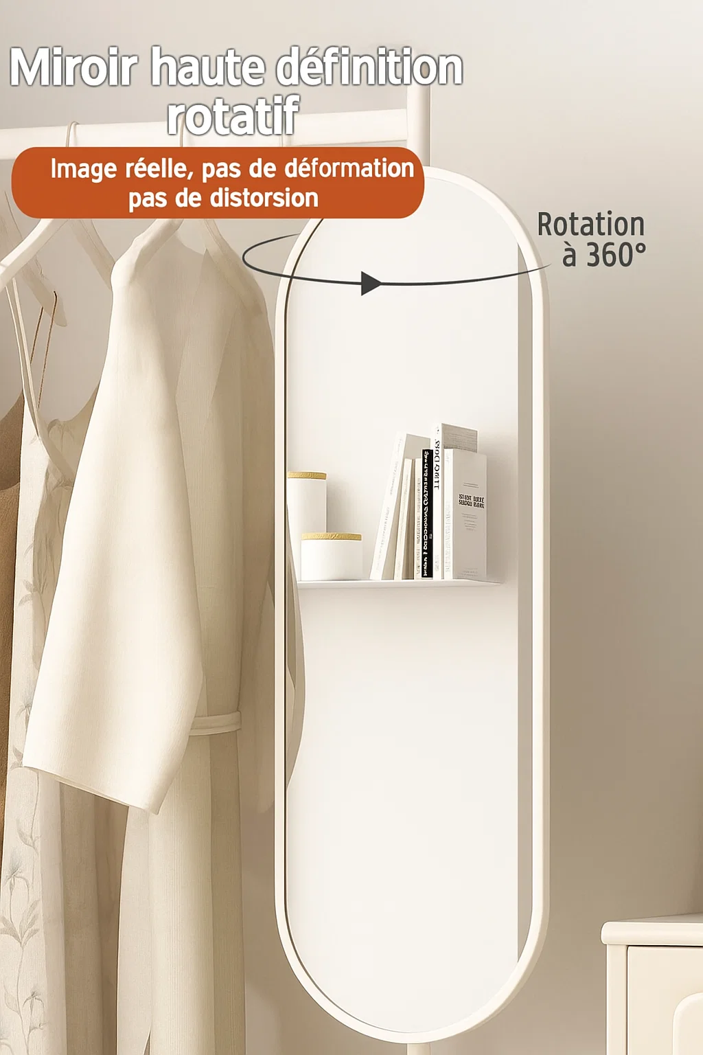 Portant à vêtements avec miroir et rangement sur roulettes