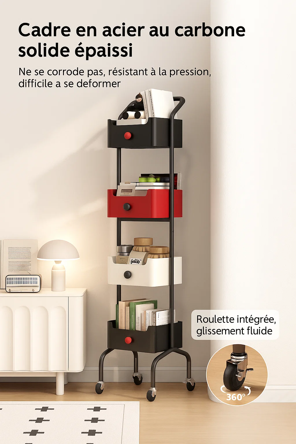 Chariot de rangement à 4 niveaux avec tiroirs et roulettes