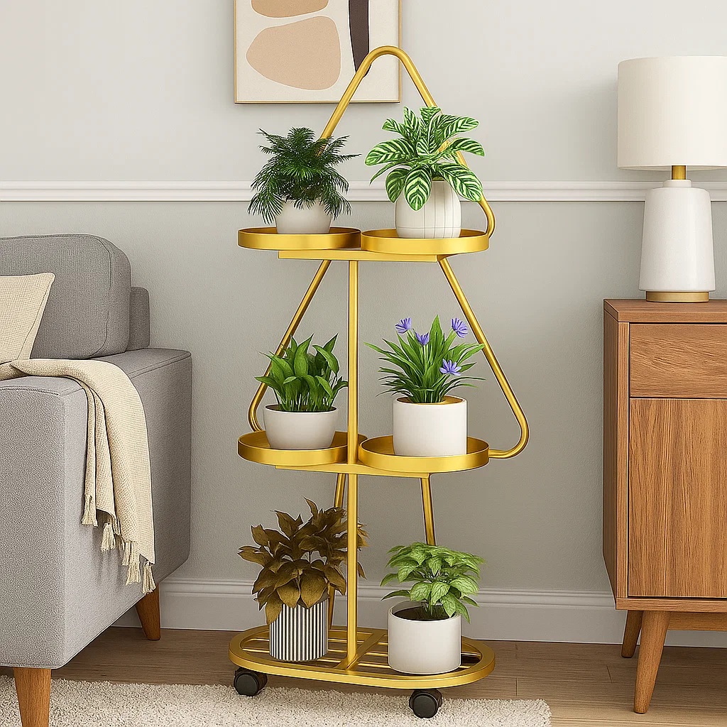 Étagère porte-plantes triangulaire sur roulettes en métal