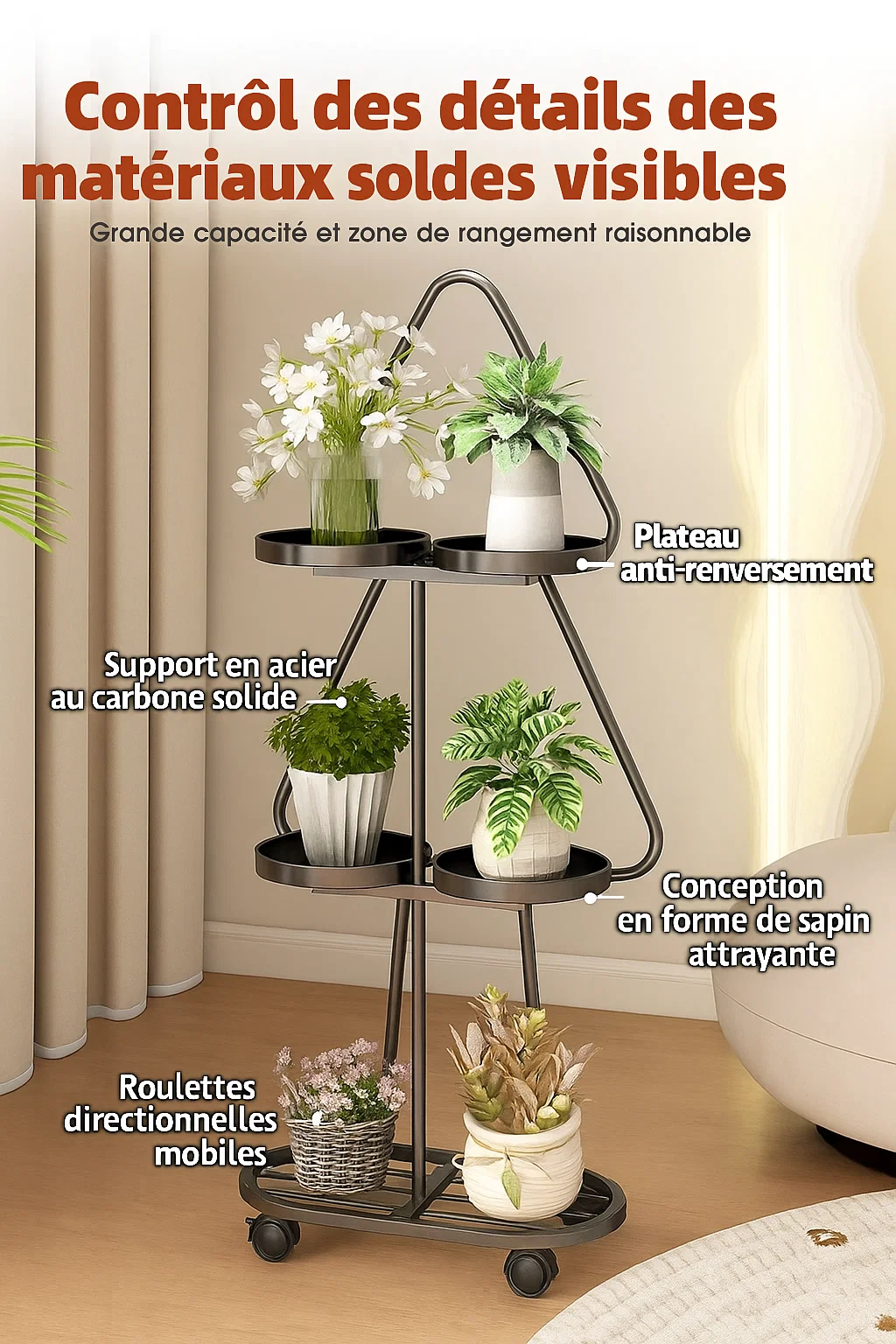 Étagère porte-plantes triangulaire sur roulettes en métal