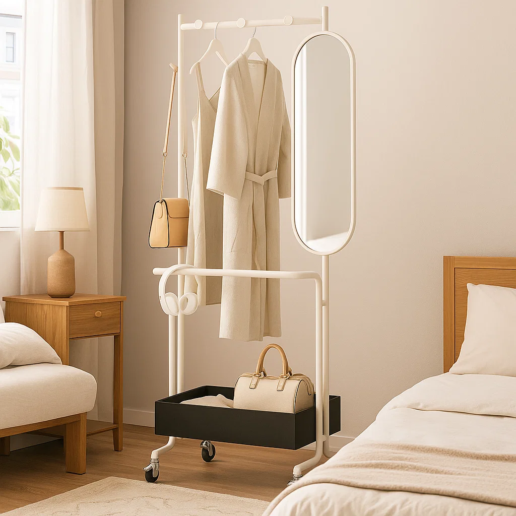 Portant à vêtements avec miroir et rangement sur roulettes