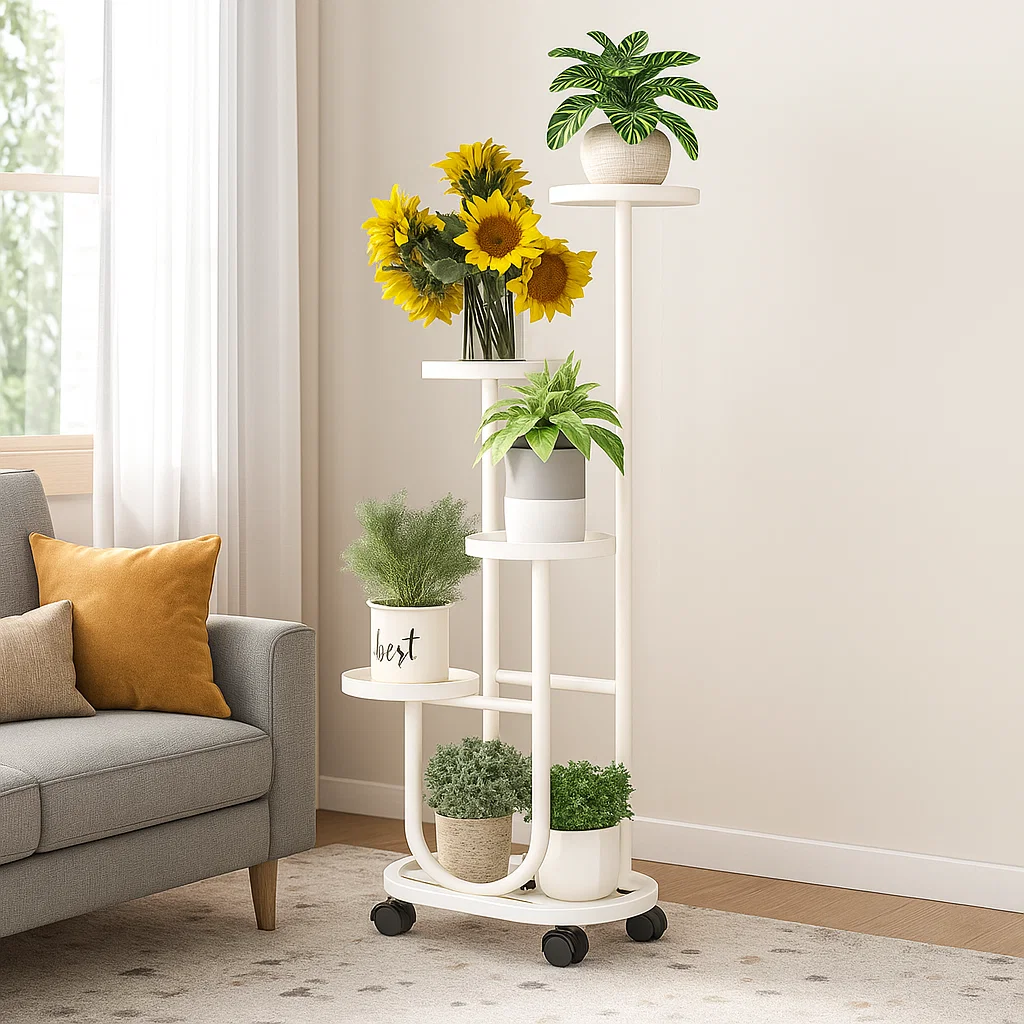 Étagère à plantes 5 niveaux en métal avec roulettes