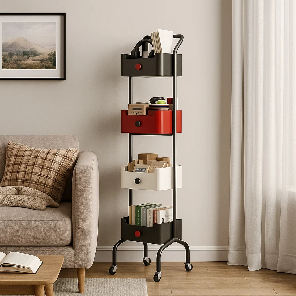 Chariot de rangement à 4 niveaux avec tiroirs et roulettes