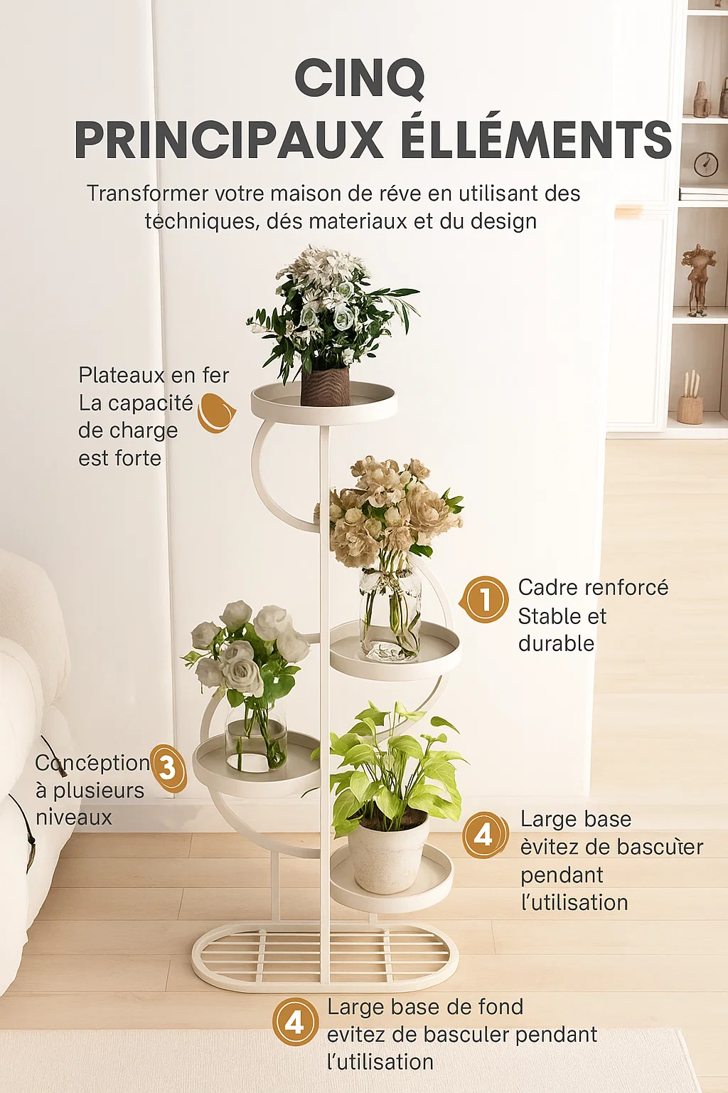 Étagère à plantes en métal doré à 5 niveaux