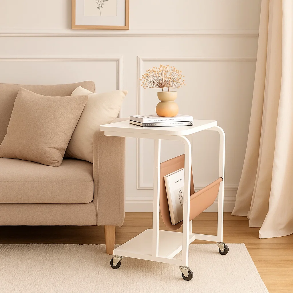 Table d’appoint mobile avec porte-revues et roulettes