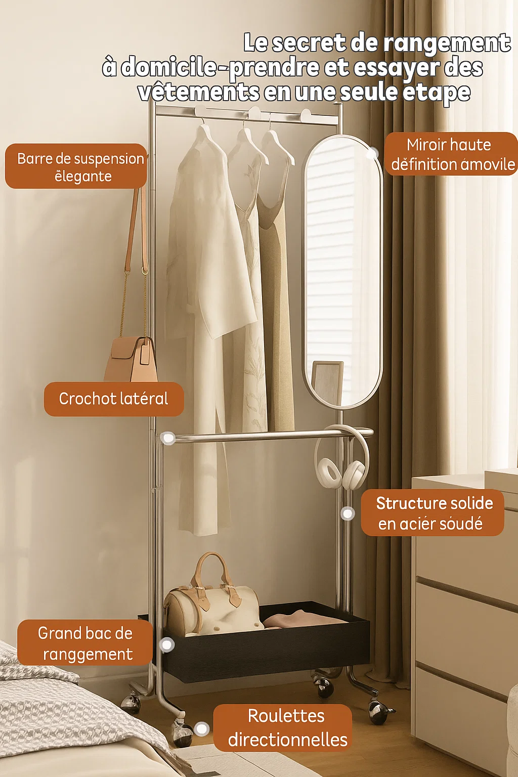 Portant à vêtements avec miroir et rangement sur roulettes