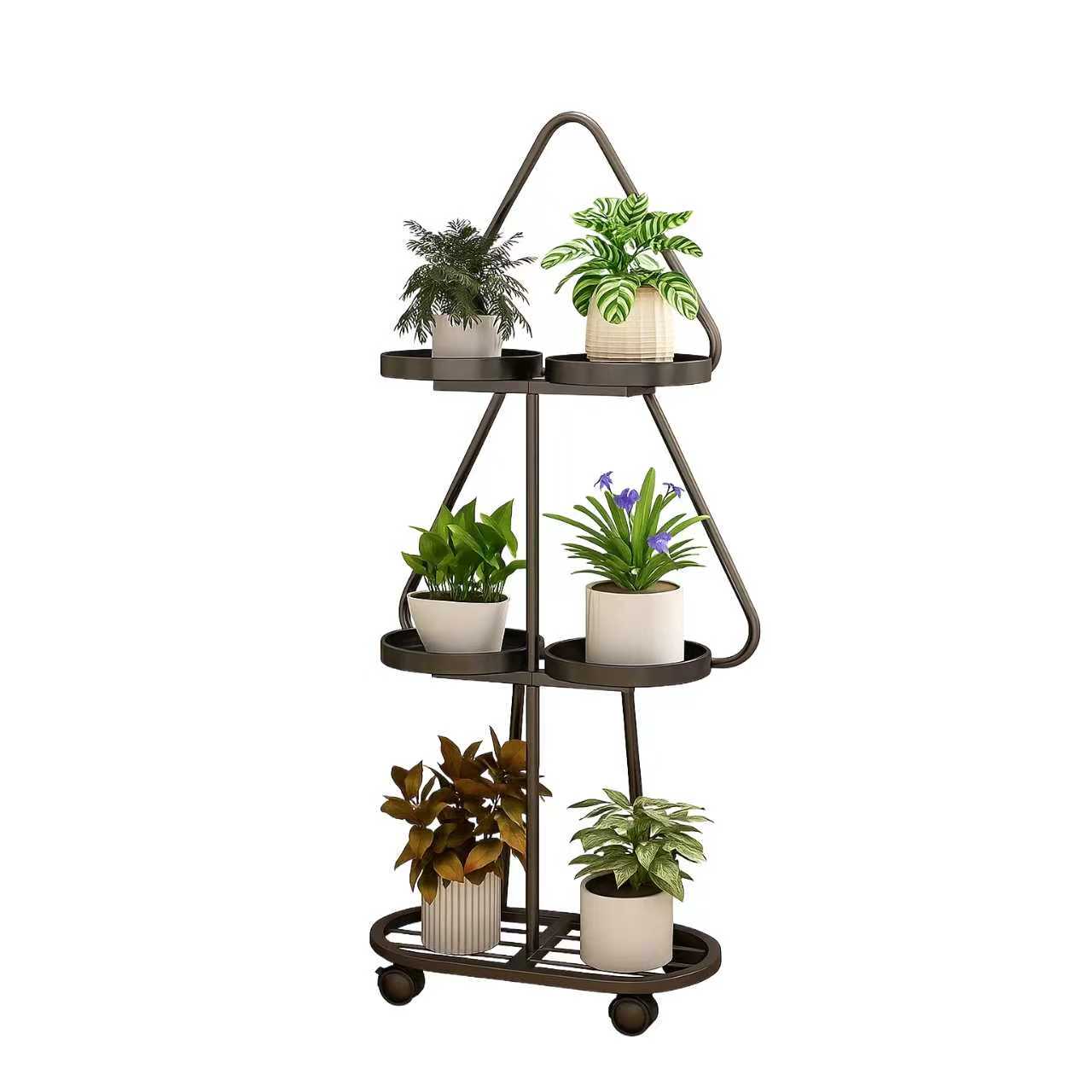 Étagère porte-plantes triangulaire sur roulettes en métal