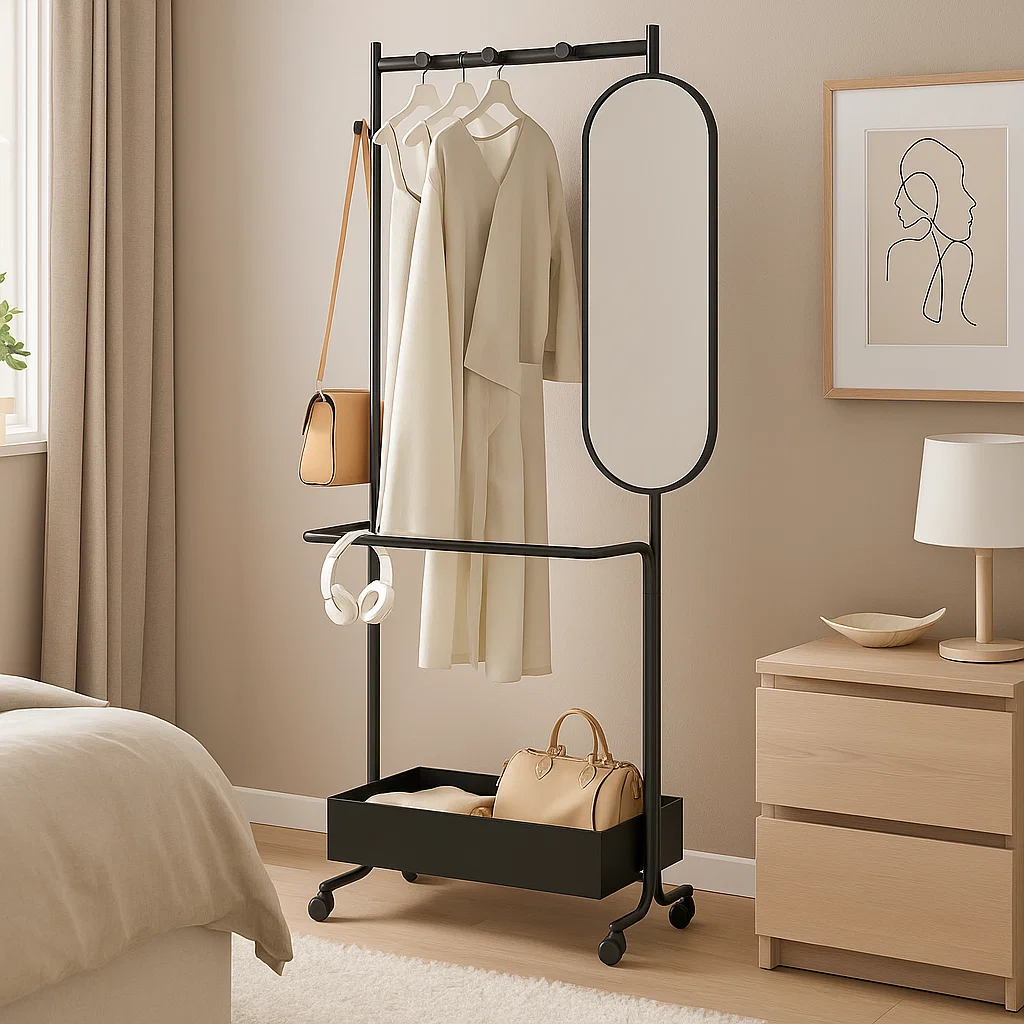 Portant à vêtements avec miroir et rangement sur roulettes