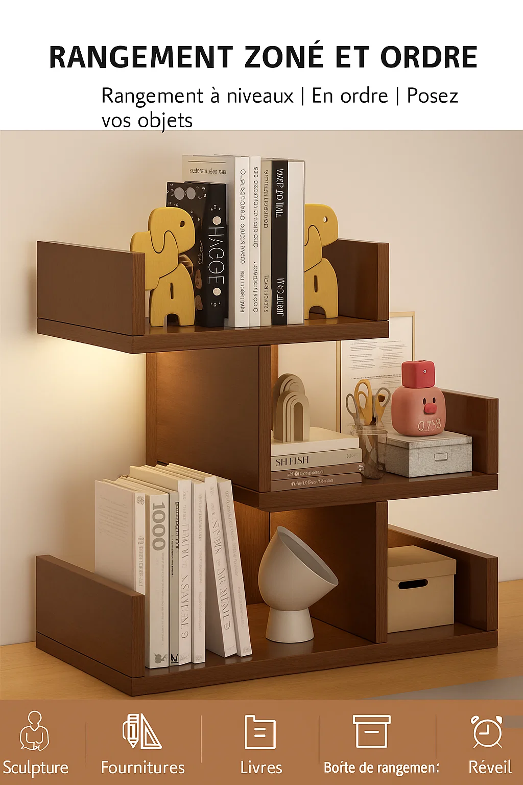 Étagère murale moderne en bois avec 4 compartiments